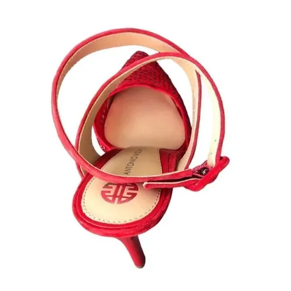 NWT Antonio Melani Red Mesh Sparkle Pointy Front Suede Ankle Strap High Heels - Picture 6 of 7